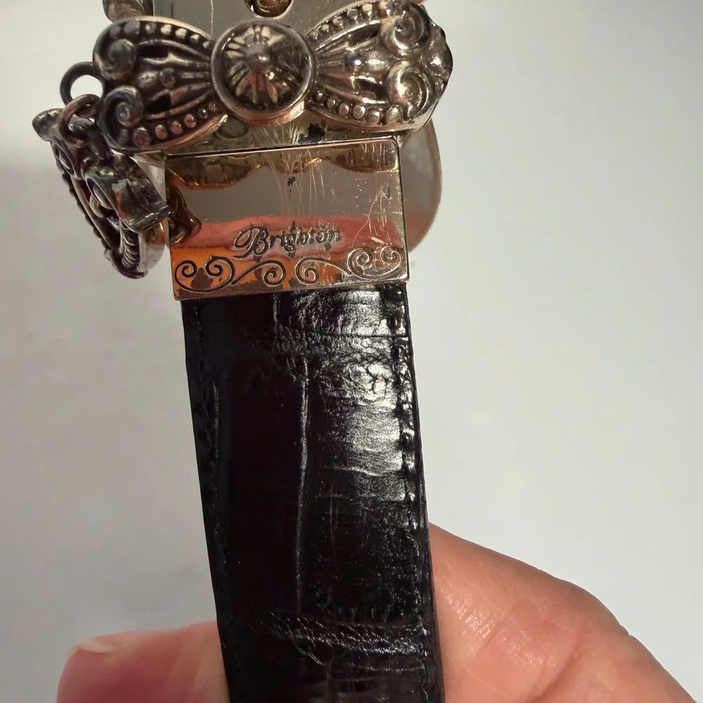 Brighton Black Croc Embossed Leather Belt Silver Heart Charm Buckle Western 34